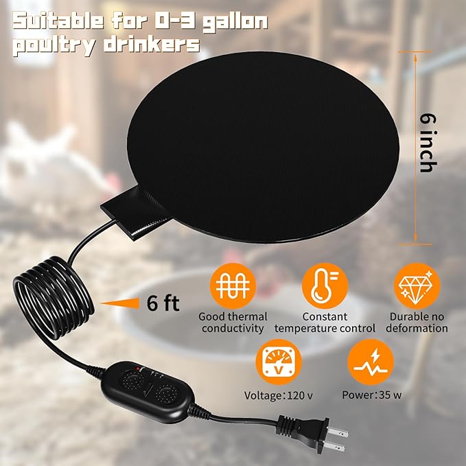 Chicken Water Heater for Winter, 11" Waterer Heated Base for 1-5 Gallon Metal Plastic Poultry Water, 110 Watt Heated Poultry Waterer with Thermostat for Chicken Duck Pigeon