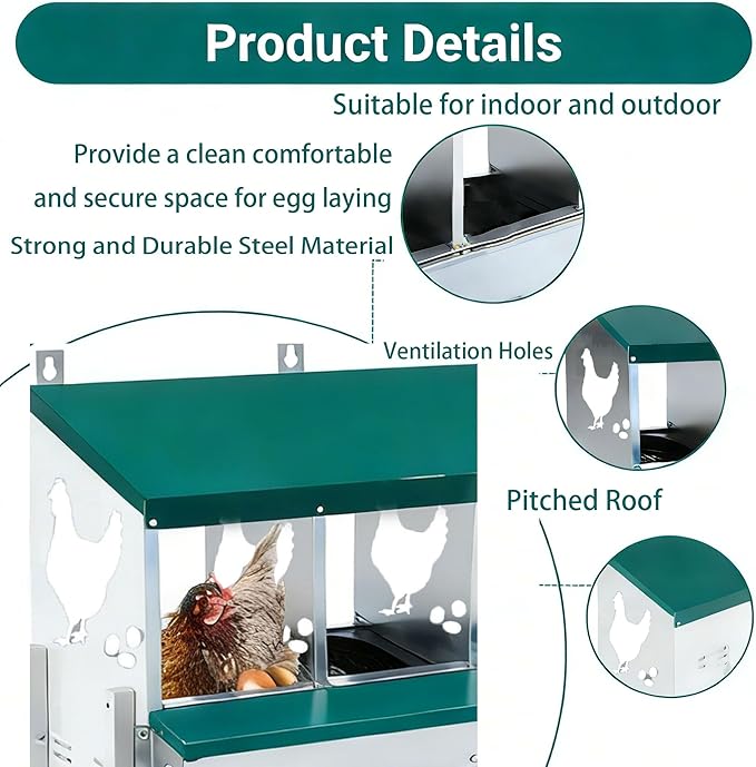 Chicken Nesting Box 6 Compartment with 10 Pet Moisture Pads and 4 Fake Eggs Roll Away Egg Collection, Perch, Lid Cover for Egg Protection - Wall Mount Nest Box for Chickens, Hens, Ducks