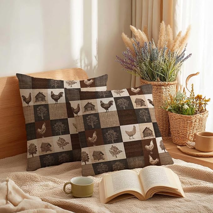 Farmhouse Chicken Patchwork Print Throw Pillow Covers 18x18 Inch, Set of 2 | Rustic Country Square Cushion Cases for Couch Sofa Bedroom | Neutral Brown Home Decor, Decorative Pillowcases