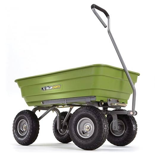 Gorilla Carts Poly Garden Dump Cart, 4 Cu Ft Tub, 600 lb Haul Capacity, Green – Heavy-Duty Utility Wagon with Quick-Release Dumping & Pneumatic Tires for Yard, Landscaping and Gardening
