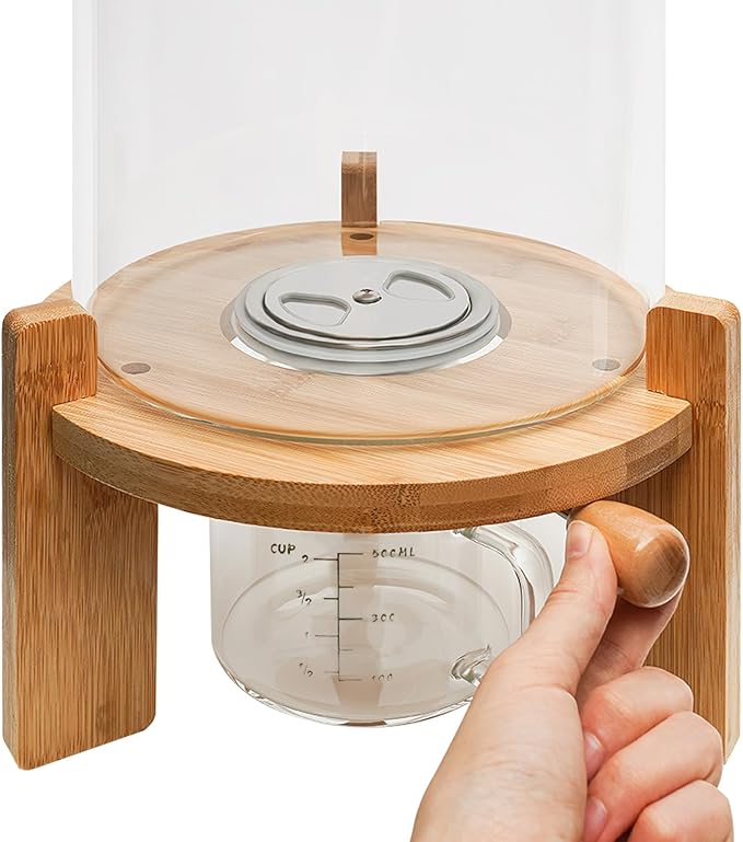 7.5L Glass Rice Dispenser with Bamboo Stand, 8-14 Lbs Cereal Container with Glass Measuring Cup,Large Airtight Food Organization Storage Bin for Grain, Coffee Bean, Dry Food