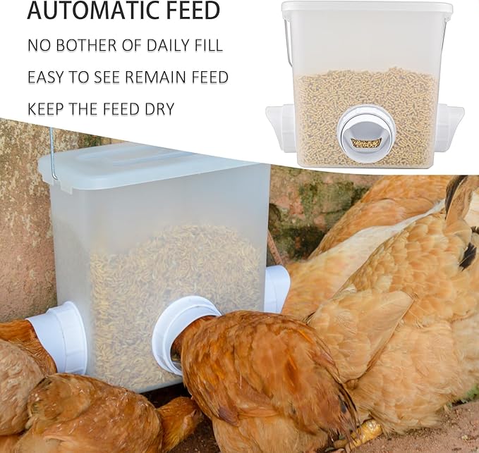 Large Automatic Chicken Feeder No Waste Poultry Feed Bucket 3 Gallon Feeding Container with 3 Ports