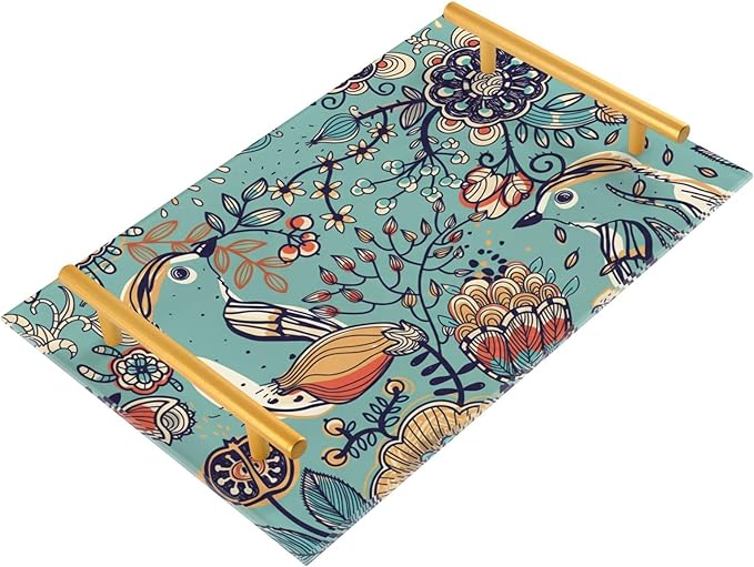 Bathroom Vanity Tray Counter Organizer, Floral and Bird Pattern Turquoise Decorative Tray with Handles Countertop Storage for Bathroom Bedroom Kitchen Home Farmhouse