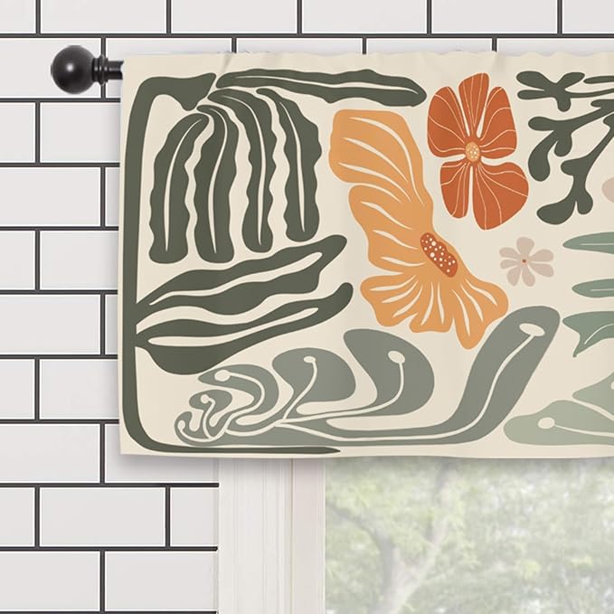 Colorful Abstract Flower Kitchen Curtain Valance 54W x 18L Inch Minimalist Matisse Funky Groovy Art Aesthetic Spring Rod Pocket Short Cafe Small Window Treatment Drapes Decor