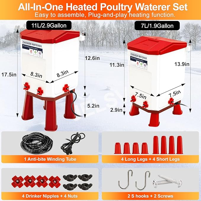 Heated Chicken Waterer, 11L Winter Chicken Water Heater Bucket with 4 Nipple Drinkers, Anti-Freezing, Winter and Summer Dual-use, Automatic Heated Poultry Drinker for Coop (Red)