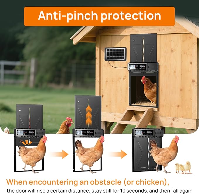 Solar Powered Chicken Coop Door with Remote & LCD Timer – Battery-Free Auto Open/Close, Weatherproof Aluminum Hen House Door, Easy Install, Predator-Proof Motorized Coop Door