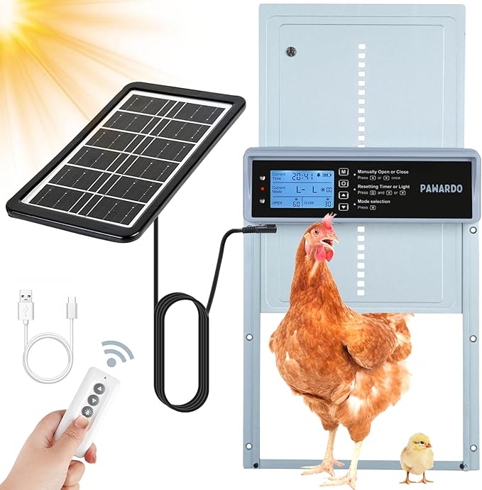 Automatic Chicken Coop Door, LCD Display, 5 Modes, Timer & Light Sensor, Solar Powered & Battery Charging Chicken Coop Door, Weatherproof Automatic Chicken Door with Remote Control