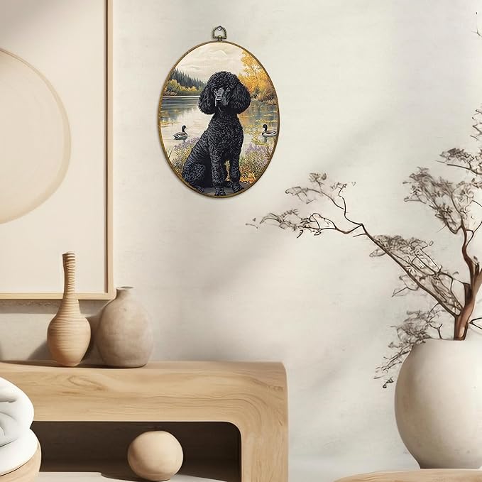 CUANFDDSF Vintage Black Poodle Oval Wall Art Decor, Poodle Gifts for Women Wall Hanging Decor, Cottage Core Farmhouse Lakeside Dog Duck Framed Canvas Prints for Home Bedroom Living Room, 8.6x11.4 Inch