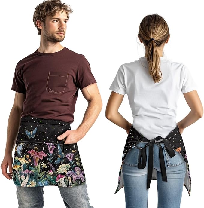 Waist Apron with 3 Pockets Waterproof 13 Inch Short Half Waist Aprons Women Men Server Aprons Waitress Waiter Apron