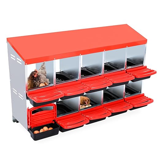 Garvee Chicken Nesting Boxes, 10 Hole Metal Chicken Laying Box with Removable Trays and Roll Out Egg Collection for Chicken Coop, Red