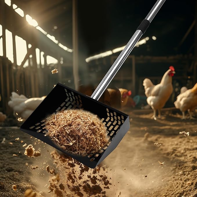 Chicken Poop Scooper and Rack 2-in-1 10'' Metal Coop with 35" to 61" Adjustable Handle, Litter Sifting Shovel Cleaning Tools for Chicken Coop Run,Chicken Coops and Animals House