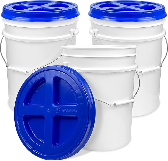 ePackageSupply 5 Gallon White Bucket with Blue Gamma Seal Screw on Airtight Lid | Made in USA | Food Grade | Heavy-Duty HPDE Plastic | Durable 90 Mil Pail | Easy Stack and Store | BPA Free (3 Count)