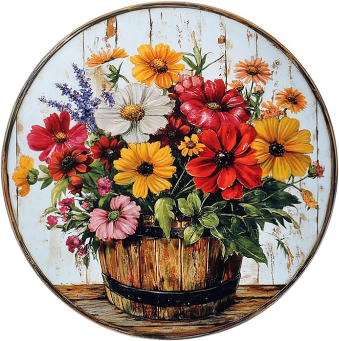 Tin Sign Farm Fresh Flower Round Signs Metal Tin Sign for Home Farm House Rustic Garden Yard Vintage Outdoor Outside Porch Wreath Wall Funny Decor 8 Inch