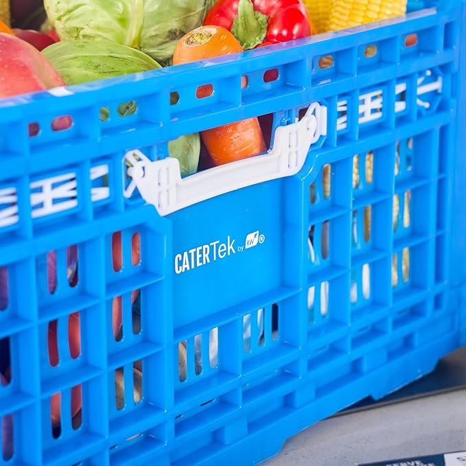 Restaurantware Plastic Milk Crates for Storage - 10 Pack - Cater Tek Stackable Storage Buns for Organizing - Collapsible Storage Basket for Groceries, Home Supplies, Blue