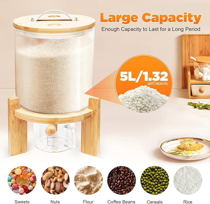 5L Glass Rice Dispenser with Bamboo Stand, 8-10 Lbs Cereal Container with Glass Measuring Cup,Large Airtight Food Organization Storage Bin for Grain, Coffee Bean, Dry Food