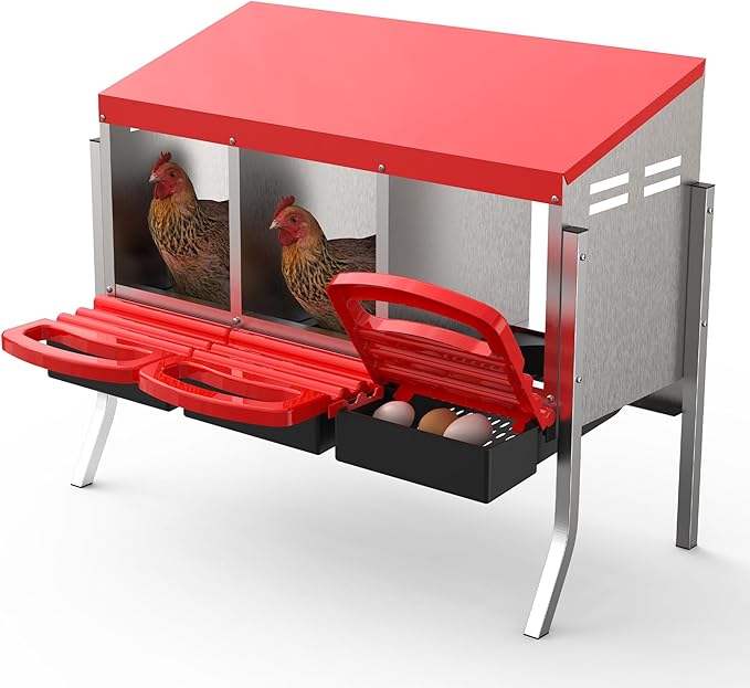 Metal Chicken Nesting Box with Easy-Collect Tray & Lid – 3/4/2x2 Compartment Heavy Duty Roll Away Nesting Boxes for Chickens, Wall Mount or Freestanding, Galvanized Steel Hen Laying Box for Coop