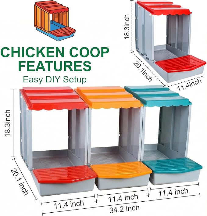 Chicken Nesting Boxes for Chickens, 3-Hole Modular & Detachable Roll-Away Egg Tray, Connectable up to 3 Units, Chicken Coop Accessory for Backyard & Farms