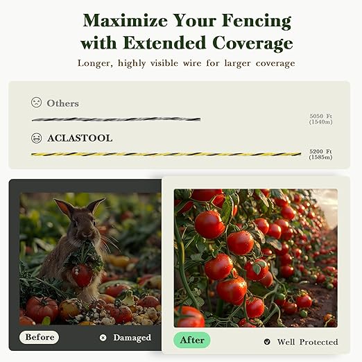 Electric Fence Wire, 5200ft 1585m, Polywire for Portable Livestock Fencing, 6 Stainless Steel Strands for Reliable Conductivity and Rust Resistance, UV Resistant