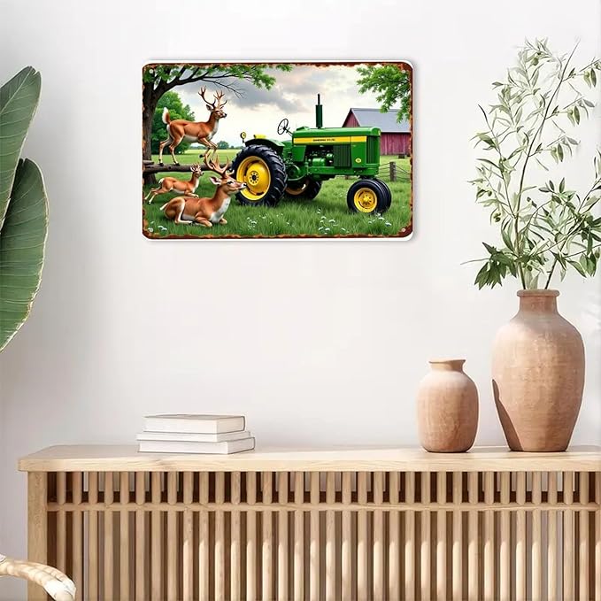 Deer Tractor Farmhouse Tin Sign Vintage Deer And Tractor Metal Sign Print Aesthetic for Garden Yard Bar Porch Home Bedroom Kitchen Wall Decor Gift 8 X 12 in