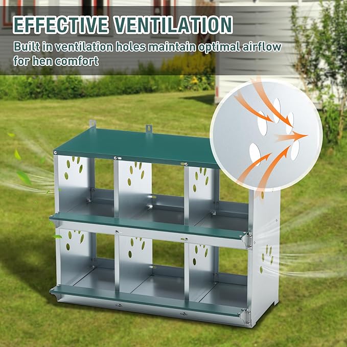 6 Compartment Metal Chicken Nesting Box, Roll Out Hen Laying Box for Easy Egg Collection, Wall Mount Poultry Nest Box for Backyard Chickens, Green, 32.09" L x 16.34" W x 26.38" H