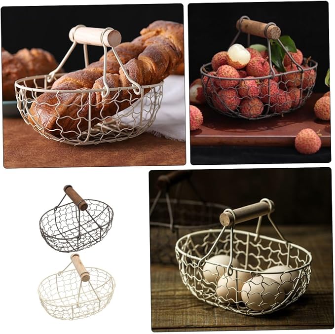 2pcs Wooden Handle Metal Mesh Storage Baskets Vintage Farmhouse Style Kitchen Fruit Vegetable Organizer Egg Gathering Basket Set