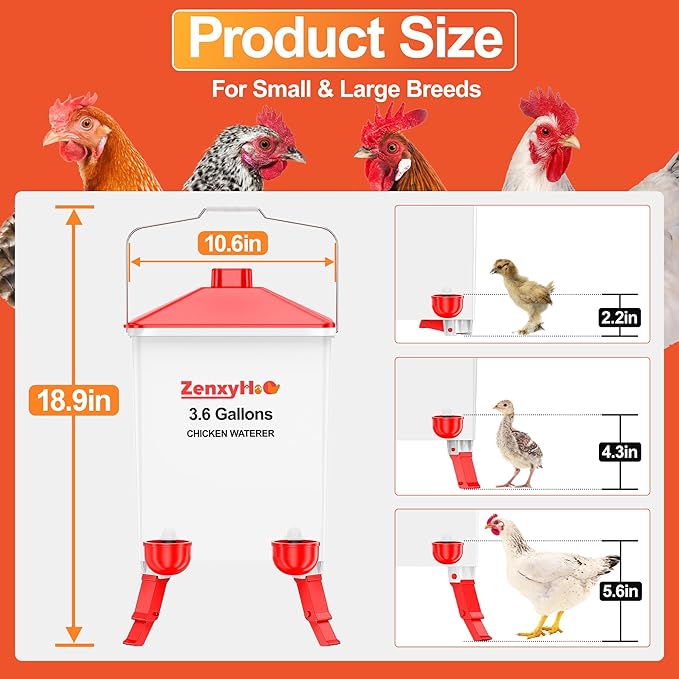 3.6 Gallons Chicken Waterer Bucket with 3 Adjustable Heights, 4 Waterer Cups and Anti Roost Cone