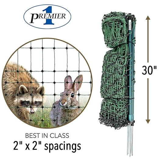 Premier 1 VersaNet® Plus, 30"H x 50'L Portable Electric Garden Net Fence with Built-in Posts | 2" x 2" Strand Spacing at Bottom to Keep Rabbits, Raccoons and Varmints Out of Gardens | Green/Black