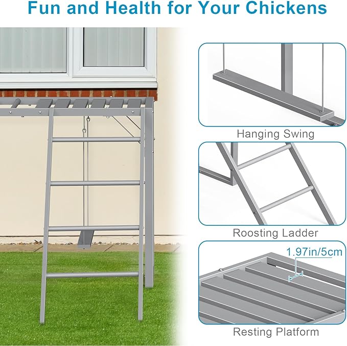 Chicken Perch with Swing Set, Roosting Bars for Chickens in Coop for Pet Chickens' Health and Happiness, Metal Chicken Toys Accessories for Backyard Farms, Light Gray