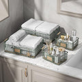 Bathroom Organizers and Storage, 4 Pack Storage Baskets for Shelves, Multipurpose Bins Organizer with Wooden Handles, Decorative Organizer Basket Set for Bathroom, Laundry, Living Room - Green