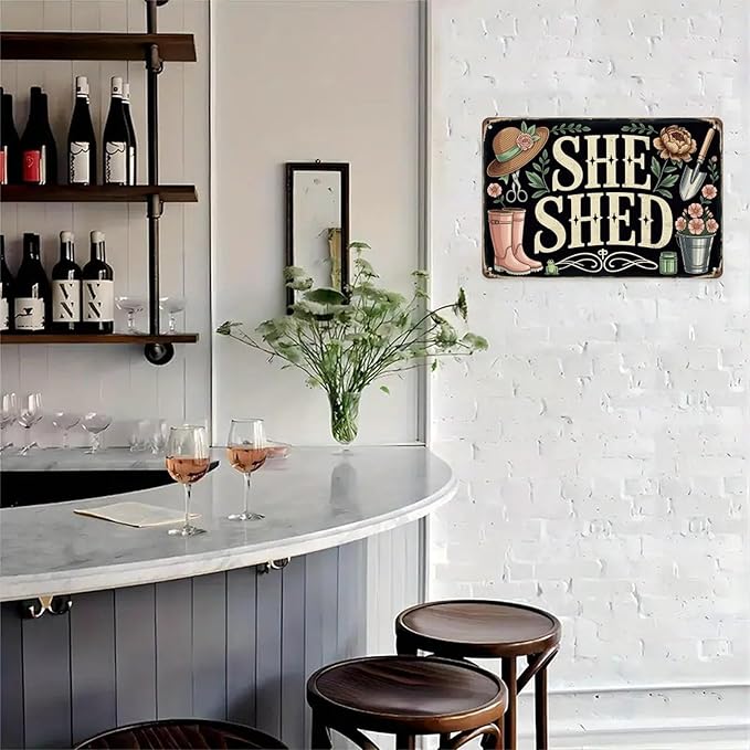 She Shed Decor Tin Sign Vintage Gardening Metal Sign Print Aesthetic for Garden Yard Bar Porch Home Bedroom Kitchen Wall Decor Gift 8 X 12 in