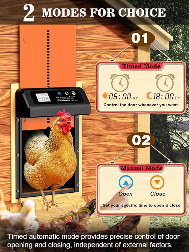 Automatic Chicken Coop Door, Aluminum Automatic Chicken Door with Anti-Pinch Feature, Timer and LCD Display (Black-Orange)