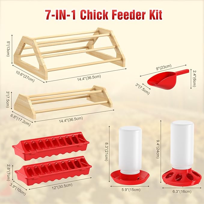 Pawaboo 7-in-1 Chicken Brooder Box for Chick Starter Kit, Includes Chicks Perches, Chicken Feeders, Chick Waterers, Chickens Feeding Spoon, Chicks Supplies (Brooder Set), Red + Wood Color