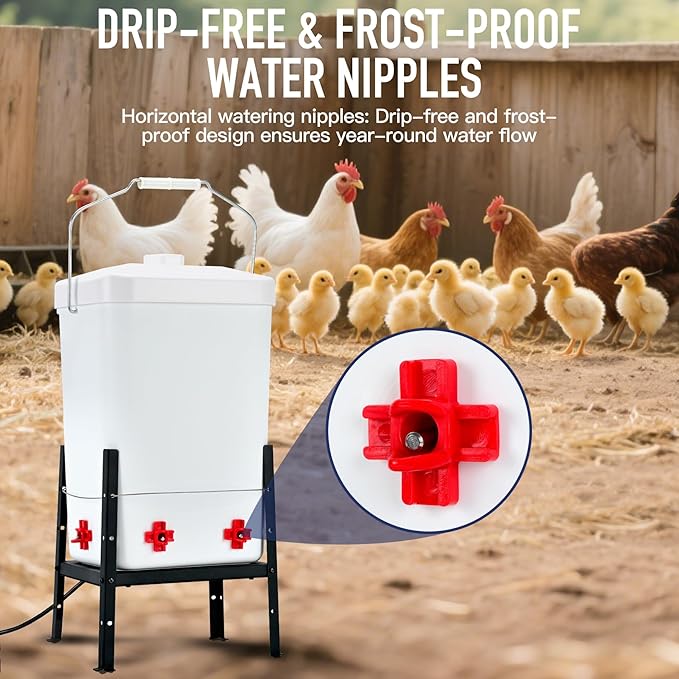 Heated Chicken Waterer, Thermostatic Water Heater 3 Gallon, 4 Horizontal Nipples, 5FT Power Cord, Detachable Legs, Outdoor Winter-Proof Poultry Water Heater for Chickens, Ducks, Geese
