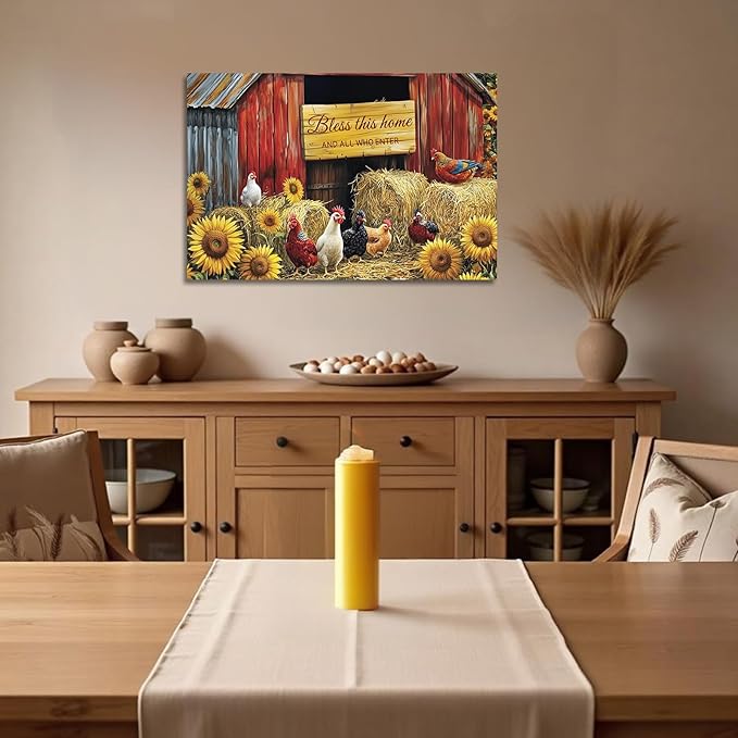 YMXDYMJSW Rooster Canvas Wall Art Chicken with Sunflower Pictures Farm Animal Prints Chicken Coop Paintings Inspirational Quotes Artwork for Kitchen Decor Frame (Brown,20L x 30W)