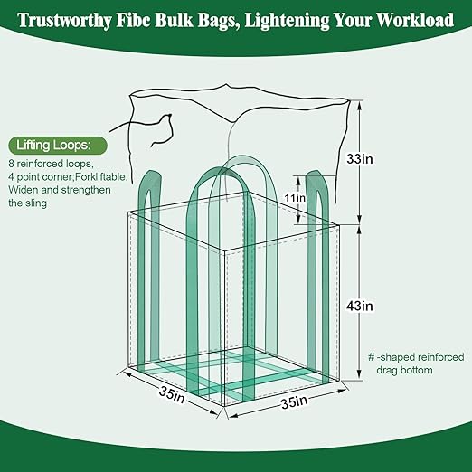 2 Pack 2 Ton FIBC Bulk Bag,35"L x 35"W x 43"H,4400lbs SWL,Woven Polypropylene Heavy Duty Bulk Bags,Duffle Top Flat Bottom for Industrial Agriculture Large-scale Storage Construction Debris