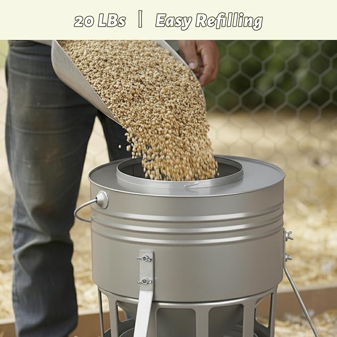 KOL Metal Chicken Feeder - 20lbs No Waste Chicken Feeder with 12 Ports, Powder Coated Rust-Proof Design & Smooth Edges for Safe Feeding (Silver)