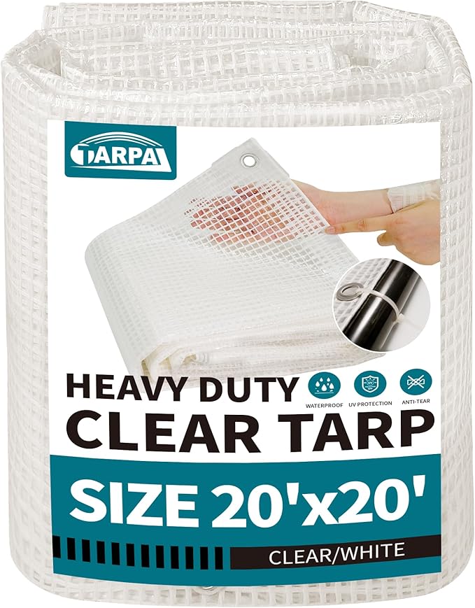 TARPAL 20'x20' Clear White Tarp Heavy Duty Waterproof 12mil with Grommets or Zip Ties for Large Greenhouses for Outdoors Garden,Farm,Chicken Coops