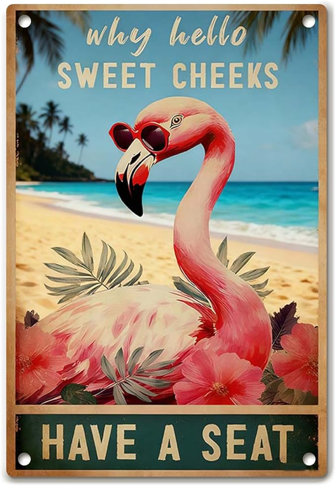 Flamingo Wall Art – Funny Retro Flamingo Poster, Tropical Wall Decor for Living Room, Vintage Art, Perfect for Bathroom or Bedroom 12x8 Inch