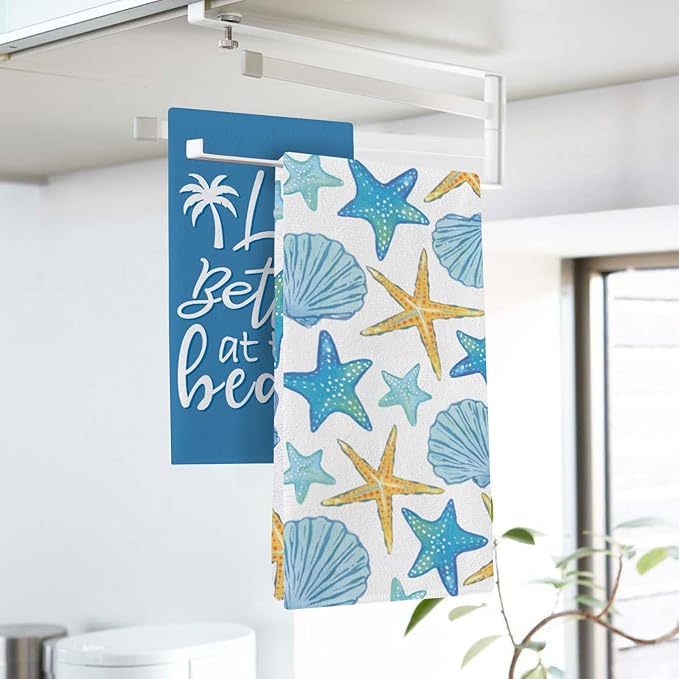 Life is Better at The Beach Kitchen Dish Towels Set of 2, Summer Blue Coastal Starfish Shell Drying Hand Towel Baking Cooking Cloth, Nautical Palm Tree Bathroom Home Decoration 18'' x 26''