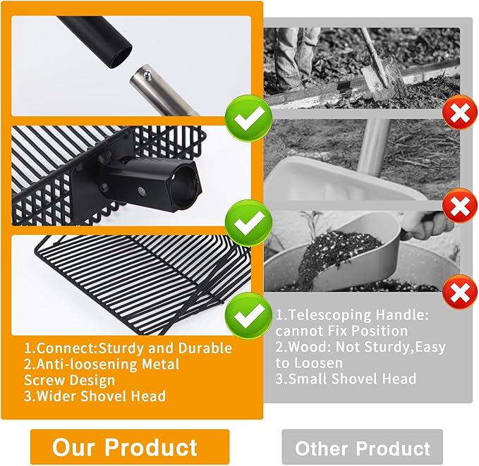 Owfeel Chicken Poop Scooper, 3-in-1 Detachable Chicken Coop Cleaning Tools (20 to 40.6 inches), Stainless Steel Sifting Shovel Litter Scooper Accessories