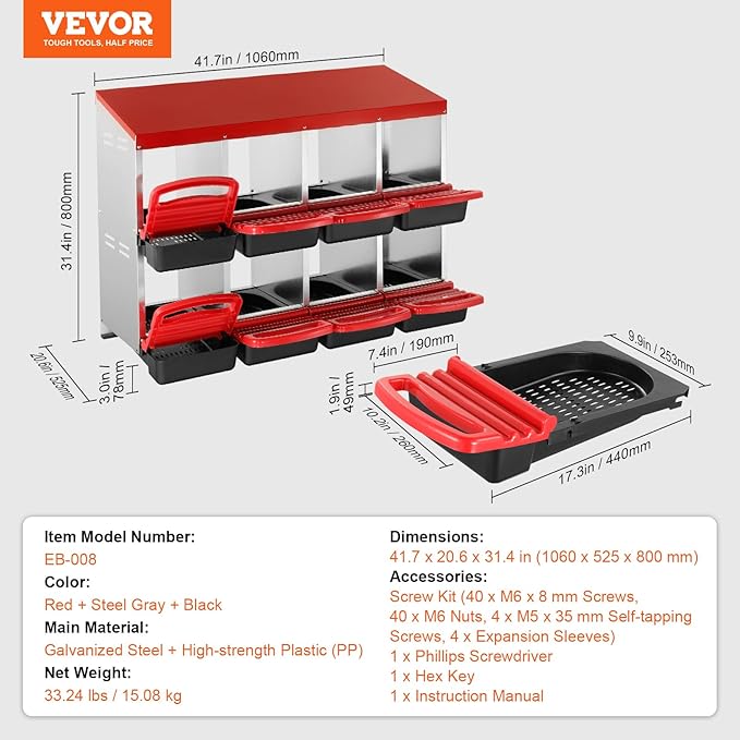 VEVOR Chicken Nest Box, 8-Compartment, 30 to 45 in Stable & Corrosion-Resistant Metal Nesting Boxes with Inclined Nesting Boxes, Bottom Holes & Resting Platform, Fit for Different Chicken Breeds