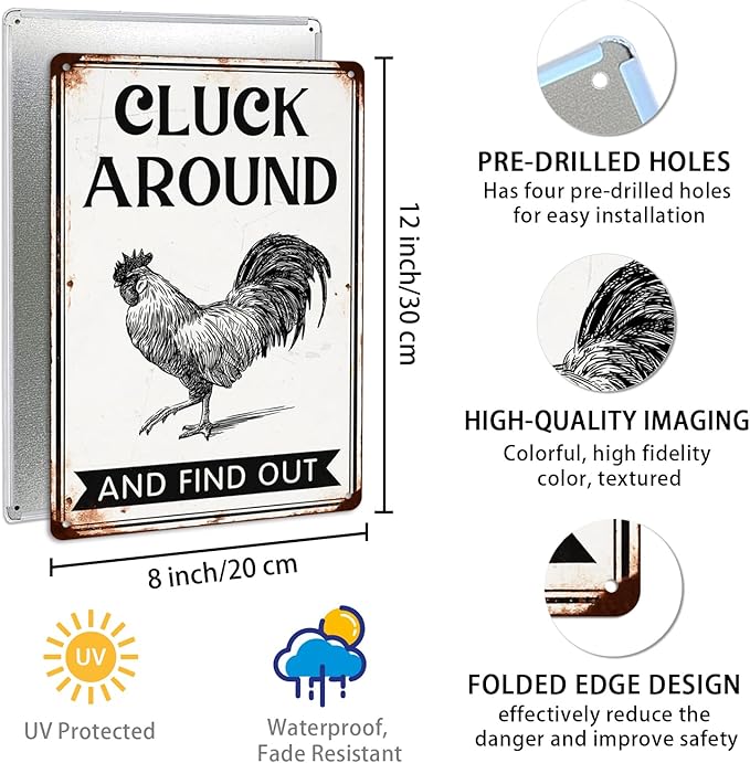 Cluck Around and Find Out Metal Tin Sign for Home Farmhouse Chicken Coop Home Kitchen Wall Decoration Chicken Coop Accessories Decor Wall Art 8x12 Inch