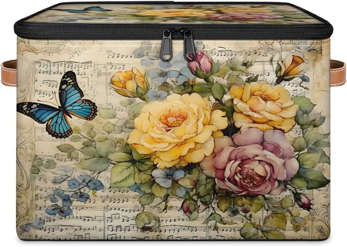 Retro Flowers Storage Bins with Lids, Watercolor Butterfly Fabric Storage Boxes with Zipper, Collapsible Decorative Closet Organizer Cube for Clothes, Organizing, Shelves