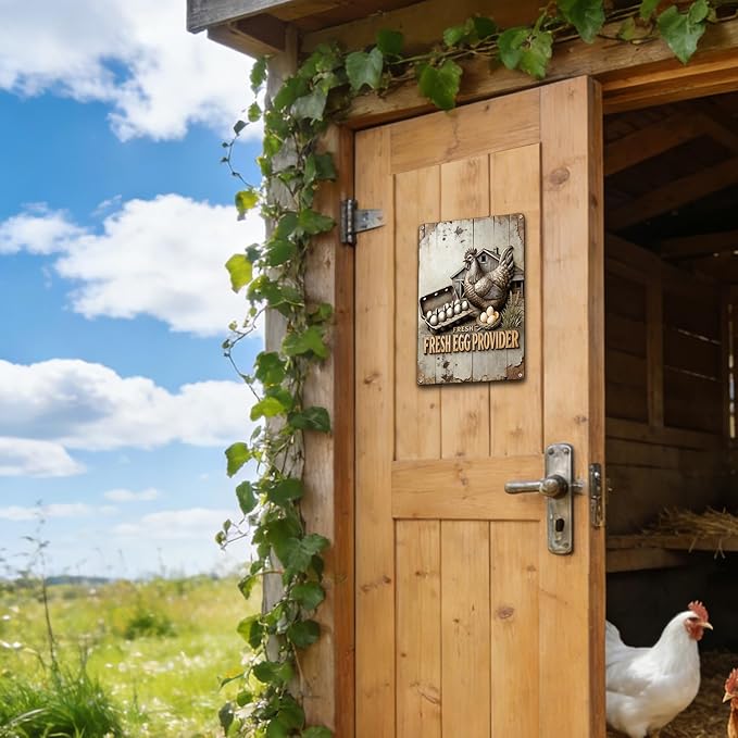 Funny Chicken Metal Sign Outdoor, Aluminum Farmhouse Wall Decor for Coop Door or Yard Area, Fluffy Humor Country Living Style, Rustic 8x12 Inch Gift