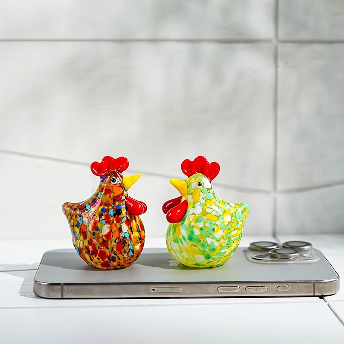 H&D HYALINE & DORA Set of 2 Mini Glass Rooster Figurines Art Blown Glass Chicken Collectible Figurine Crystal Animal Ornaments for Farm Thanksgiving Centerpiece Decor