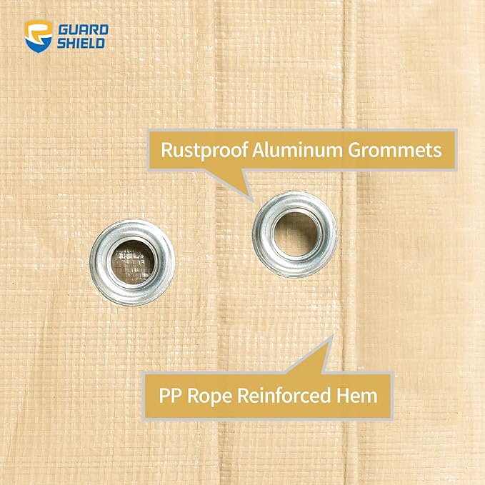 GUARD SHIELD Beige Tarp Heavy Duty Waterproof 20x20 Feet Outdoor Poly Tarps Cover Square Thick UV Resistant Canopy Tarpaulin with Grommets 10mil