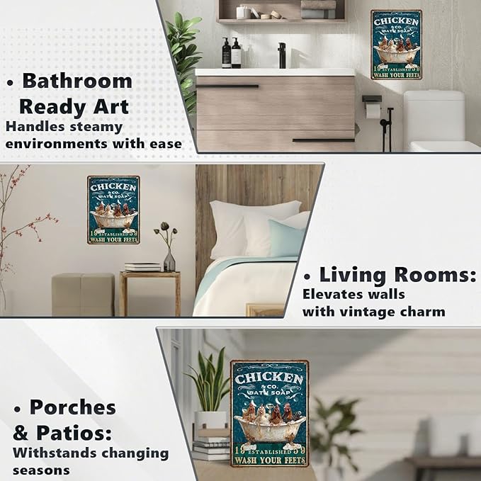 Funny Chicken Bathroom Sign Chicken Coop Metal Decor Wash Your Feets Tin Signs Vintage Wall Art For Home Restroom Washroom Cafe Indoor Kitchen Toilet Farmhouse Bar 16 * 12 In