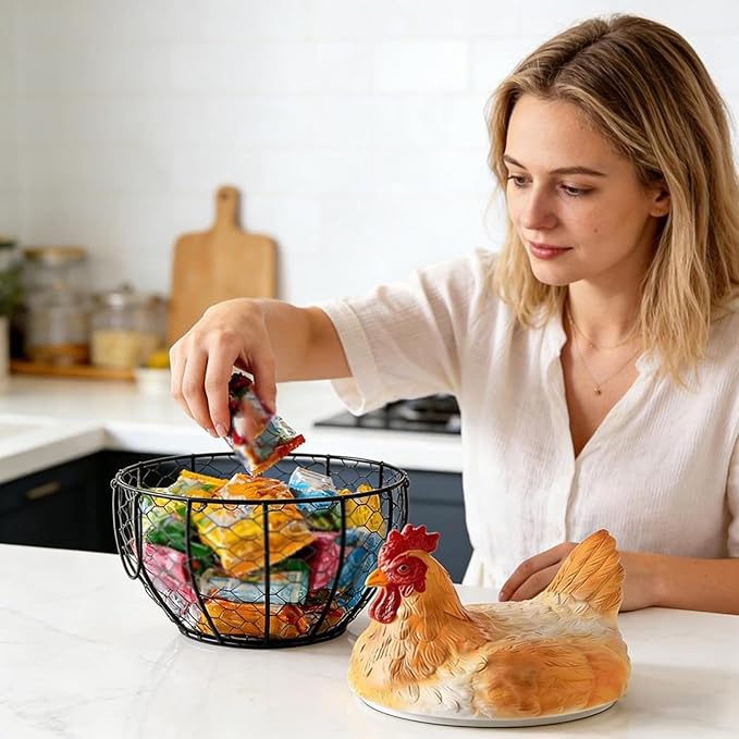 Egg Collecting Basket, Wire Egg Basket For Gathering Fresh Eggs, Metal Farm Fresh Eggs Storage Holder With Lid For Kitchen Countertop