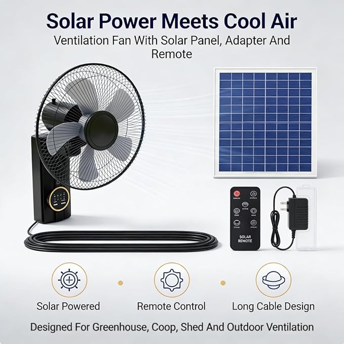 Rechargeable Outdoor Solar with Remote Control, 16" Wall Mounted Fans Oscillating Indoor with Remote Control, Solar Exhaust Fan for Chicken Coop, 3 Speeds, Timer, Adjustable Tilt