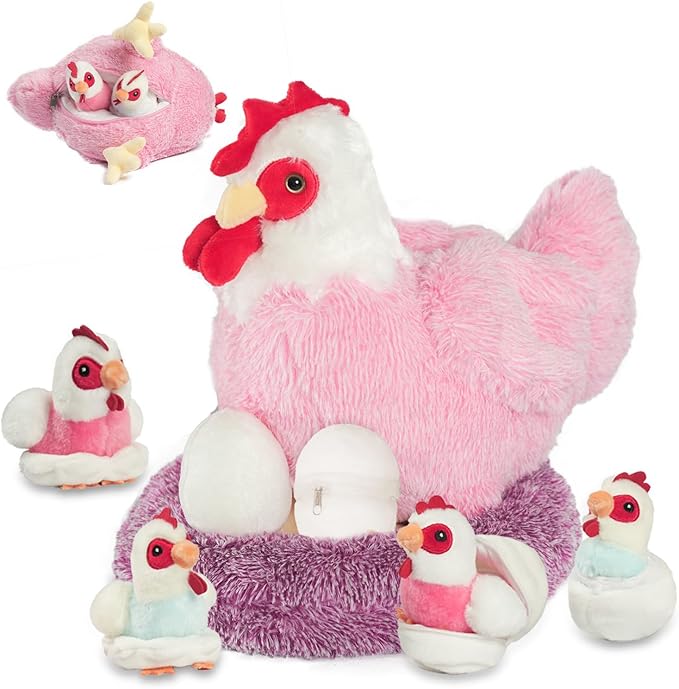 9 in 1 Chicken Stuffed Animal Set, Stuffed Chicken Plush Toy Zippered Egg Laying Hen with Baby Chicks Plush Chickens, Eggs and Coop Chicken Toys for Kids Girls Boys Birthday Easter Stuffers Gifts